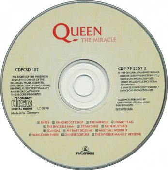 Queen : © 1989 ''The Miracle'' (1st.press. UK,Germany, EMI, CDP 79 2357 2, 1989)